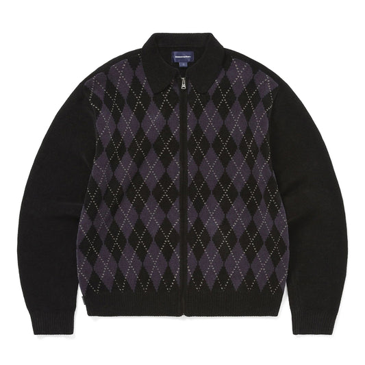 Argyle Zip Knit Cardigan - Black