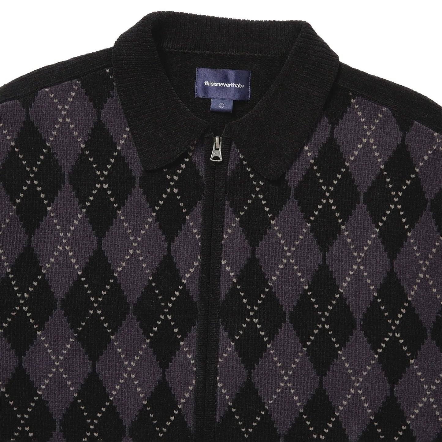 Argyle Zip Knit Cardigan - Black