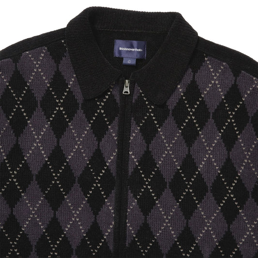 Argyle Zip Knit Cardigan - Black
