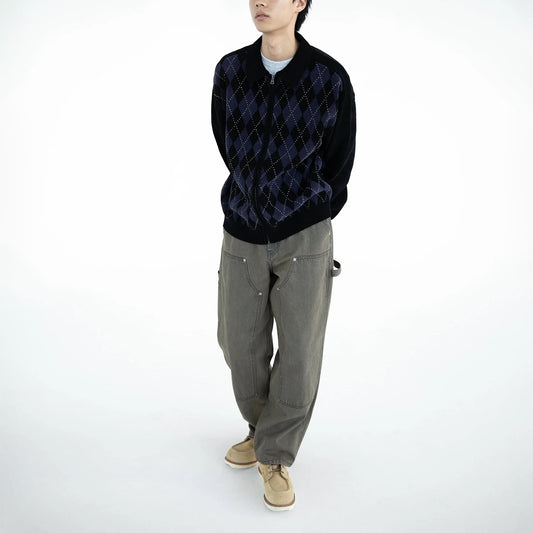 Argyle Zip Knit Cardigan - Black
