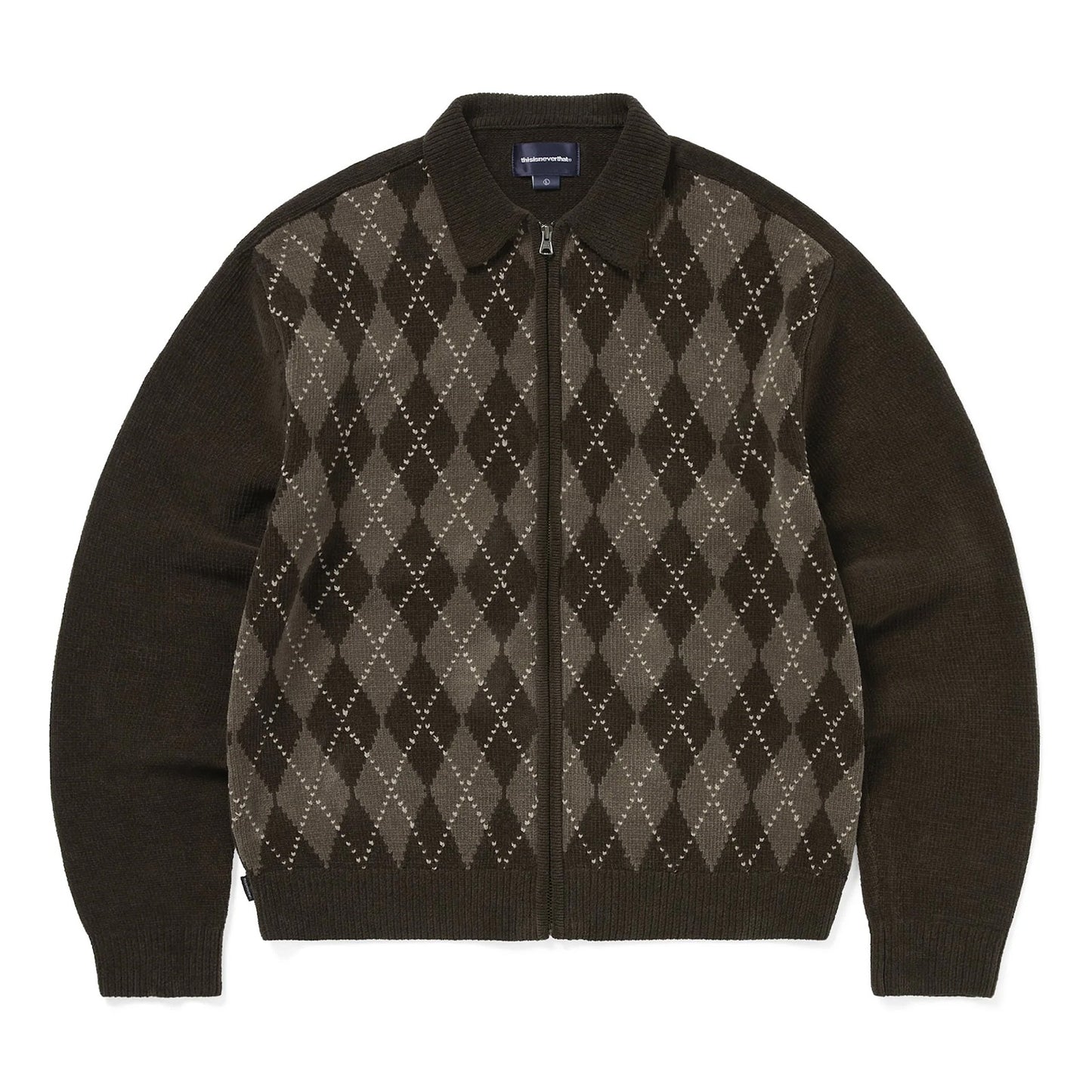 Argyle Zip Knit Cardigan - Brown