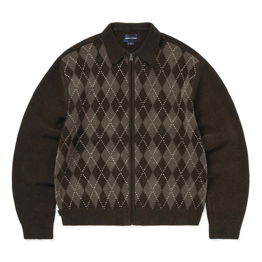 Argyle Zip Knit Cardigan - Brown