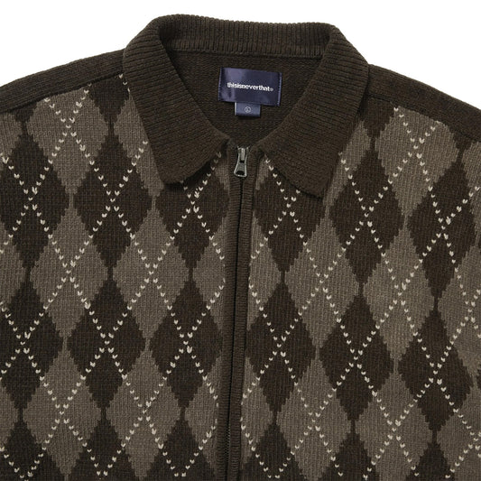 Argyle Zip Knit Cardigan - Brown