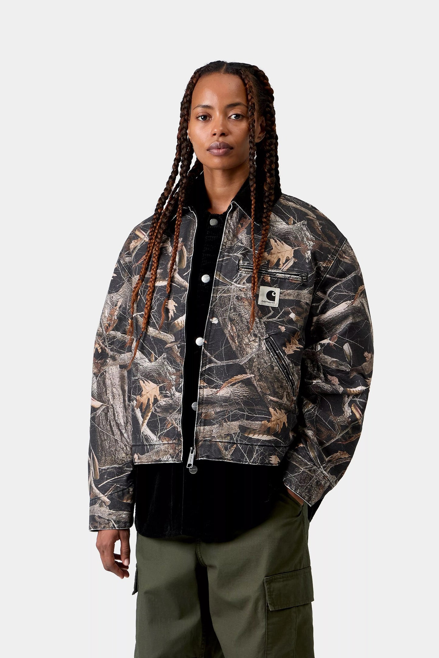 Women's OG Detroit Jacket - Camo Feather Tree, Black / Black Heavy stone wash