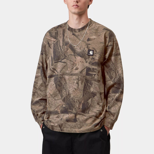 L/S Feather Tree T-Shirt - Camo Feather Tree, Khaki / Shungite garment dyed