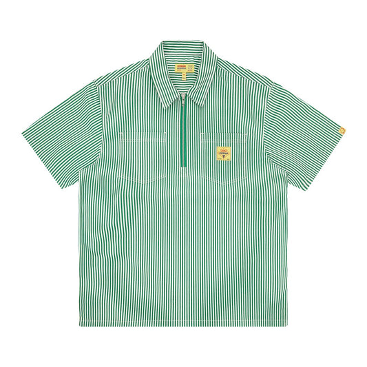 IC Services Quarter Zip Work Shirt - Green / White Stripe