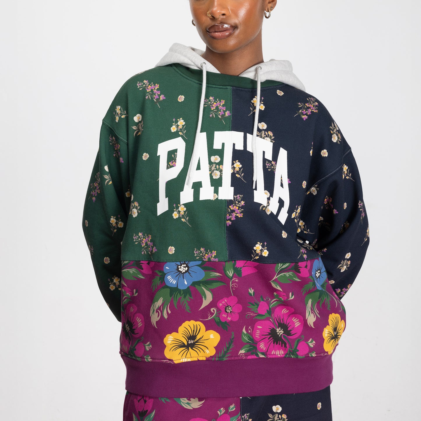 Floral Patchwork Hooded Sweater - Multi