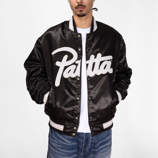 Script Logo Satin Varsity Jacket - Black