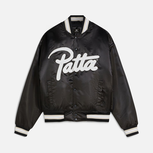 Script Logo Satin Varsity Jacket - Black