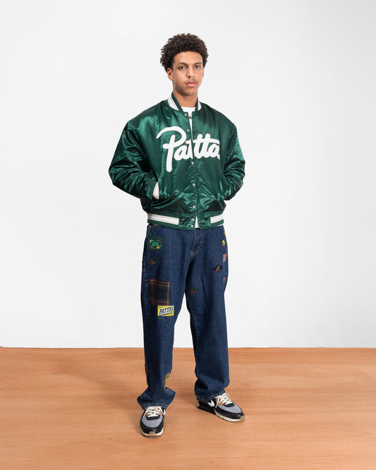 Script Logo Satin Varsity Jacket - Bistro Green
