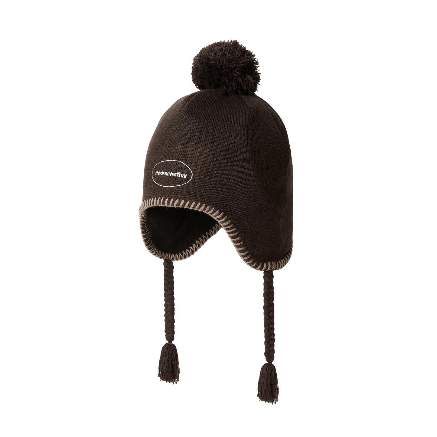 Pom Earflap Beanie - Brown