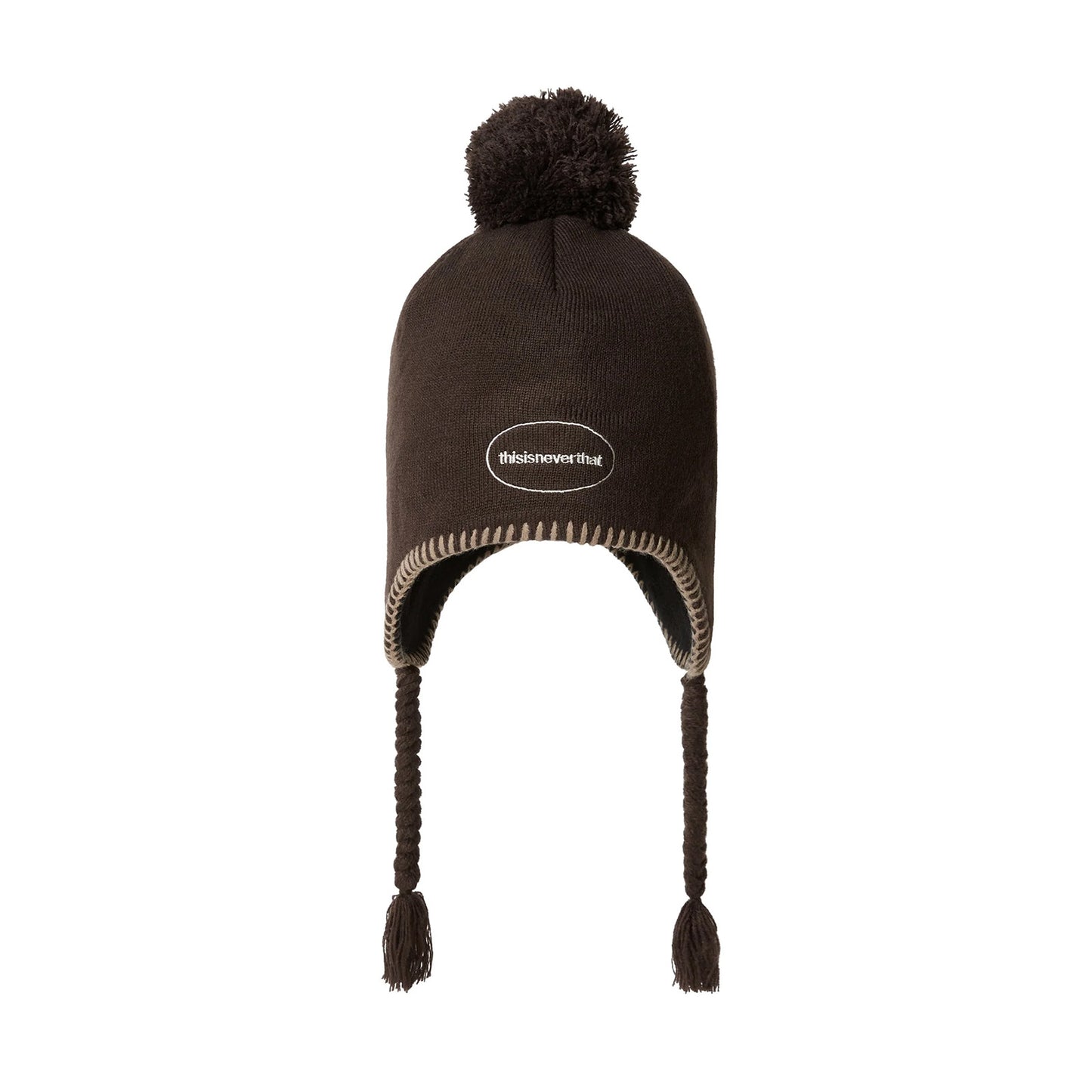 Pom Earflap Beanie - Brown