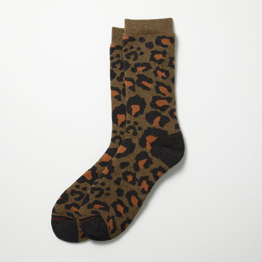 Pile Leopard Crew Socks - Dark Olive