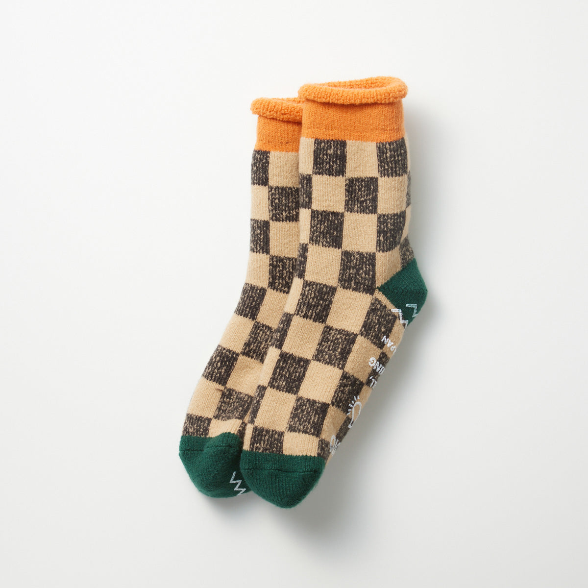 Pile Room Socks - Checkerboard - Light Orange / Dark Green