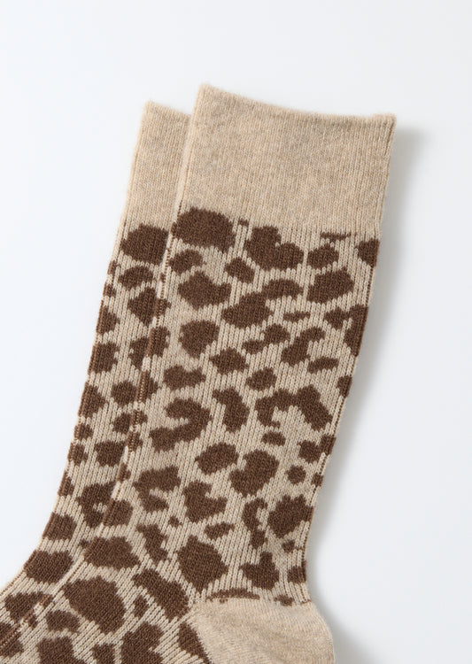 Leopard Pattern Merino Socks - Light Beige / Brown
