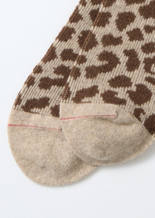 Leopard Pattern Merino Socks - Light Beige / Brown