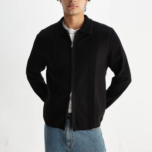 Lennox Zip Polo, Milano Ripple Stripe - Black